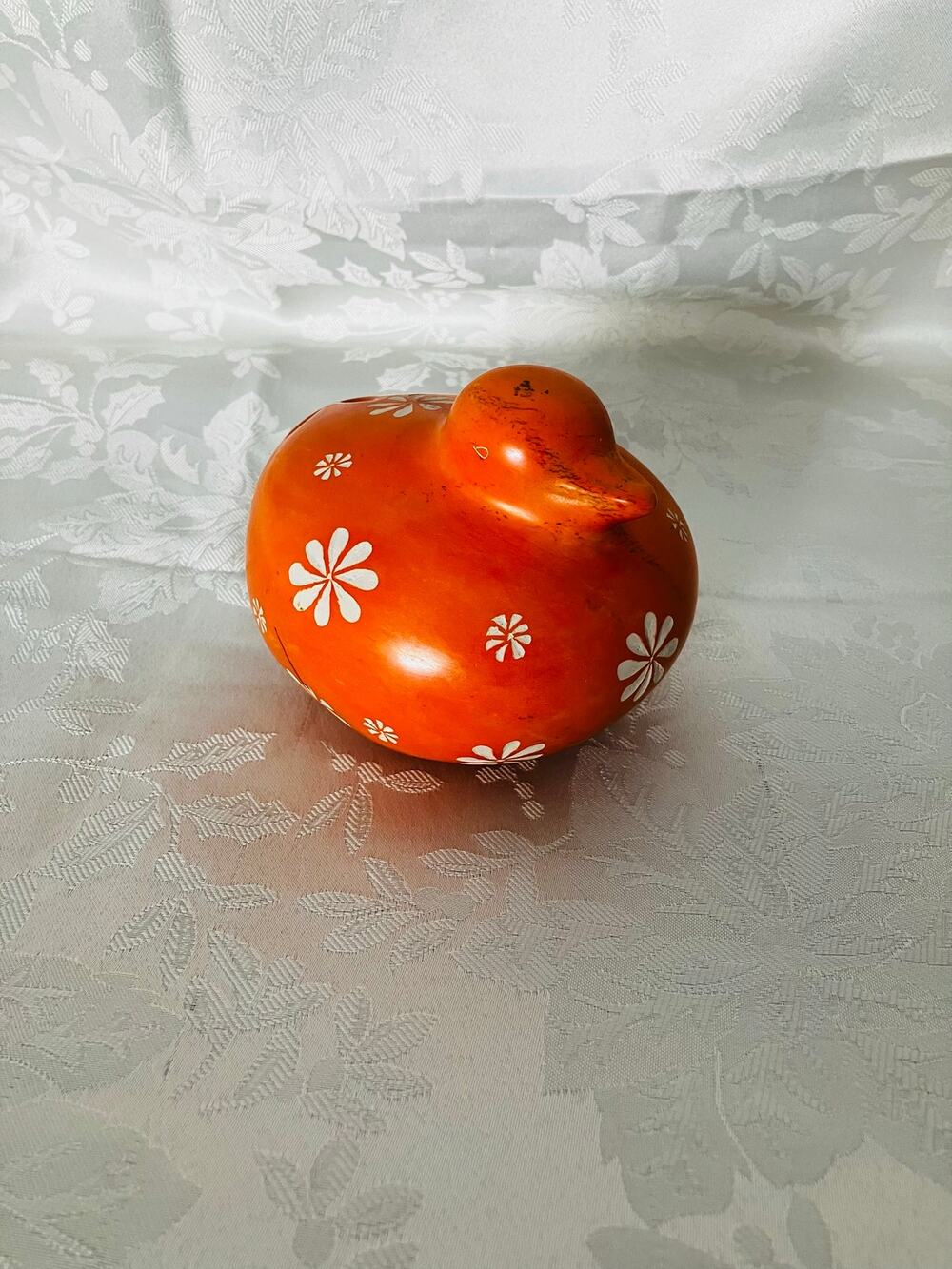 Heavy Cast Stone Duck Figurine Orange White Floral Folk Art Bird Decor 5 LBv